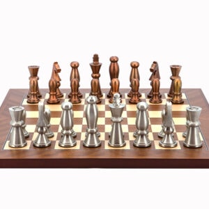 Dal Rossi Italy Chess Set Mahogany Flat Board 40cm, With Copper & Silver Weighted Metal 85mm Chess Pieces