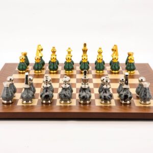 Dal Rossi Italy Chess Set Mahogany Maple Flat Board 50cm, With Gray and Green Gold and Silver Metal Tops and Bottoms Chess Pieces 90mm