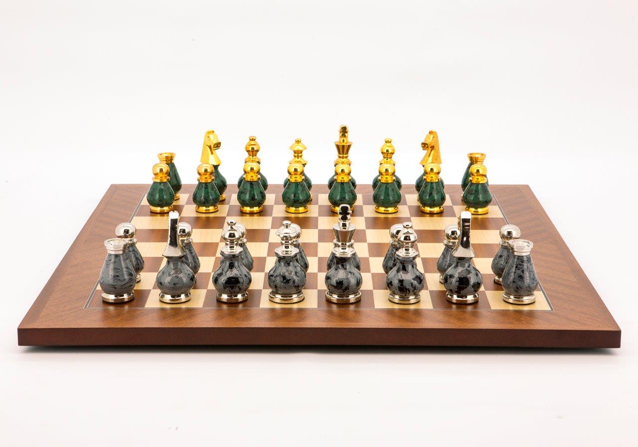 Dal Rossi Italy Chess Set Mahogany Maple Flat Board 50cm, With Gray and Green Gold and Silver Metal Tops and Bottoms Chess Pieces 90mm