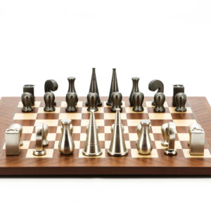 Dal Rossi Italy Chess Set Mahogany Maple Flat Board 50cm, With Metal Dark Titanium and Silver 90mm Chessmen