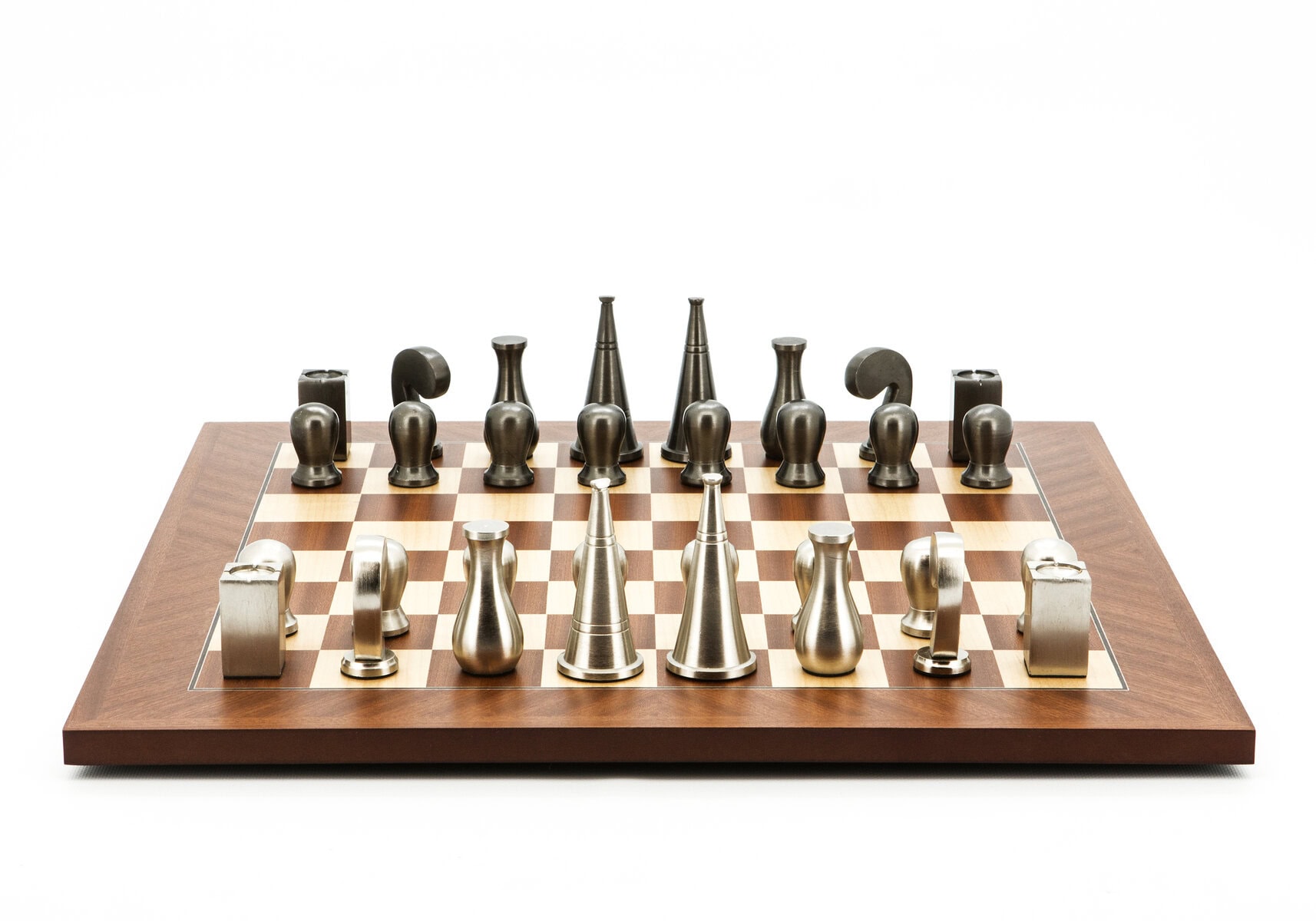 Dal Rossi Italy Chess Set Mahogany Maple Flat Board 50cm, With Metal Dark Titanium and Silver 90mm Chessmen
