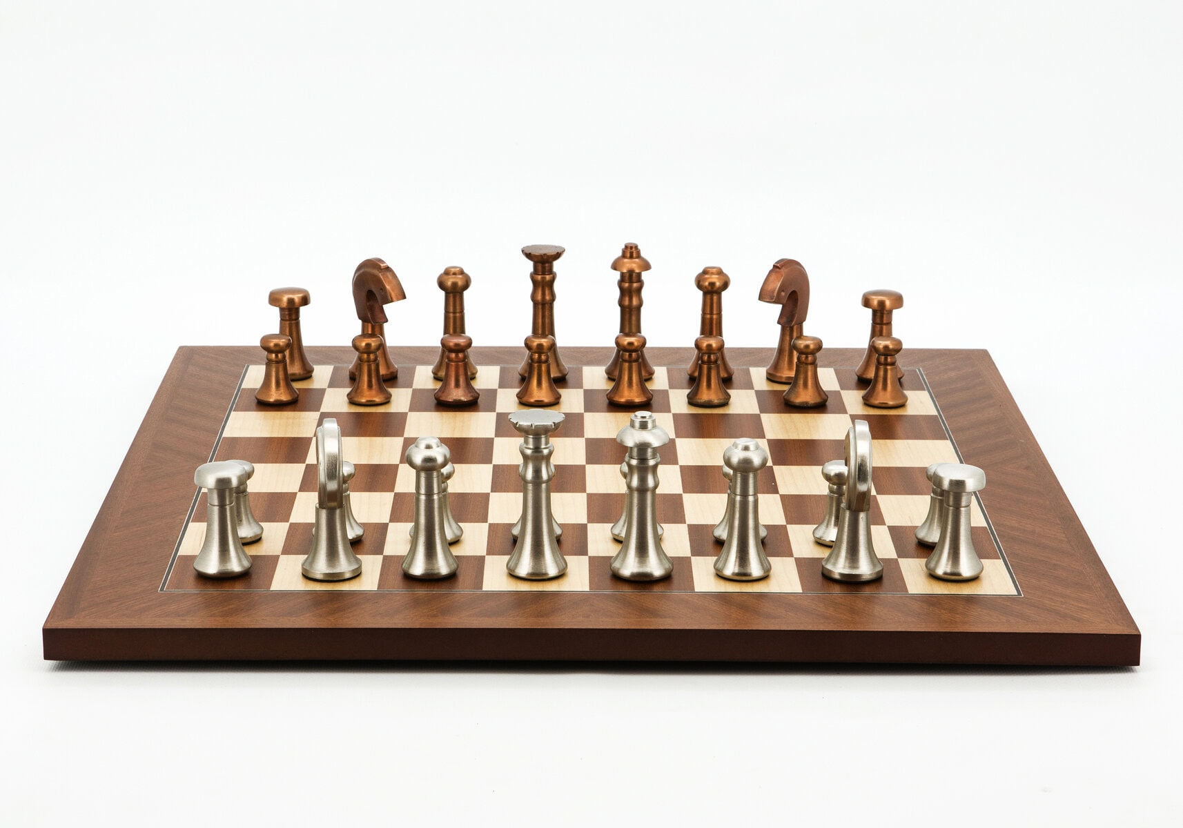 Dal Rossi Italy Chess Set Mahogany Maple Flat Board 50cm, With Metal Copper and silver Chessmen 80mm