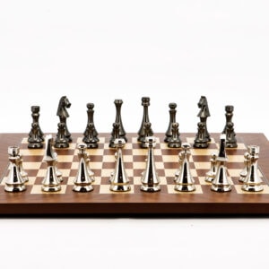 Dal Rossi Italy Chess Set Mahogany Maple Flat Board 50cm, With Metal Dark Titanium and Silver chessmen 85mm