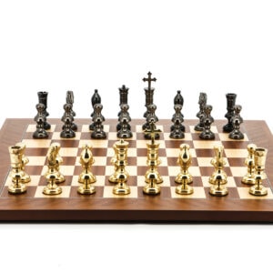 Dal Rossi Italy Chess Set Mahogany Maple Flat Board 50cm, With Metal Dark Titanium and Gold Chessmen 110mm