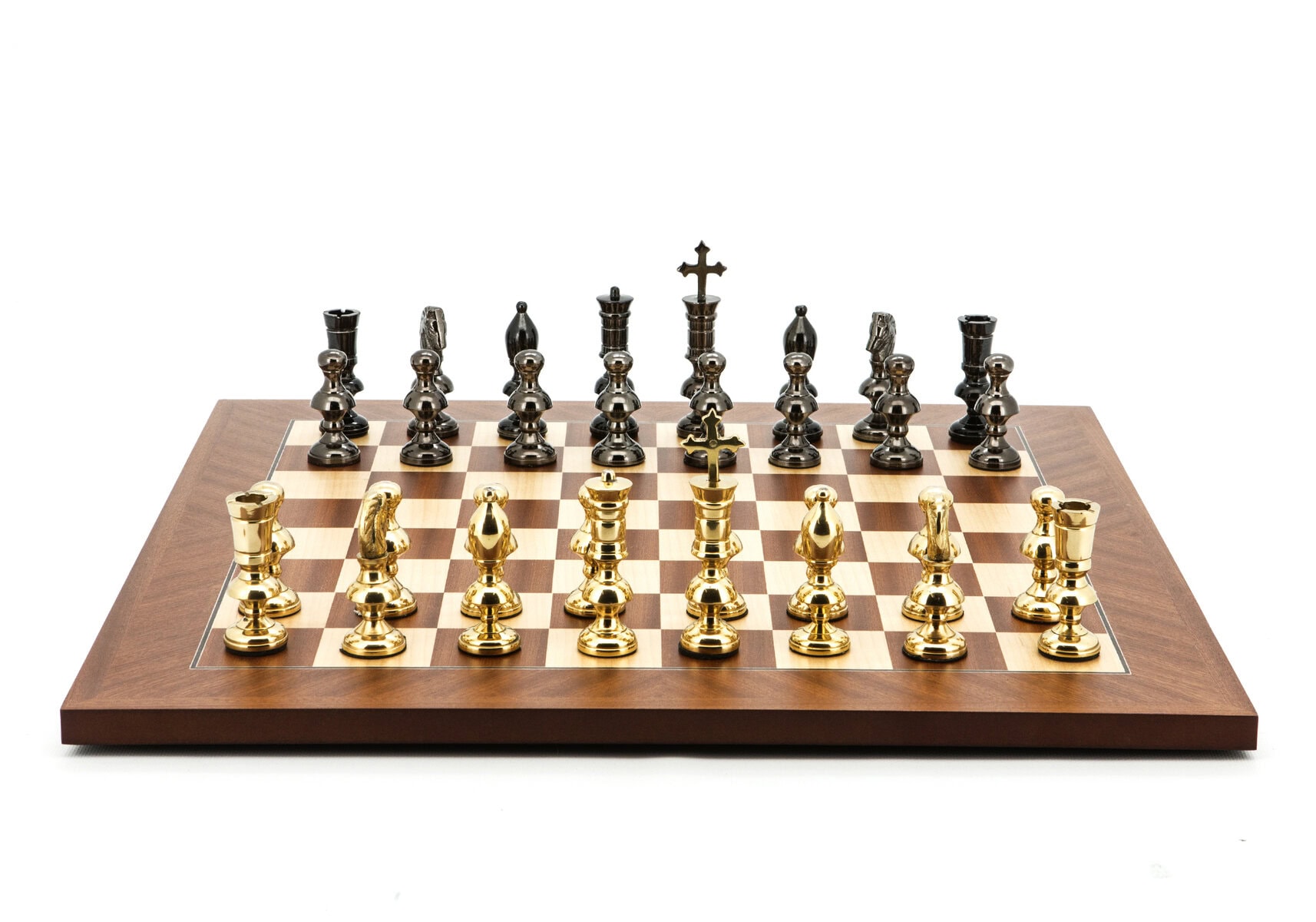 Dal Rossi Italy Chess Set Mahogany Maple Flat Board 50cm, With Metal Dark Titanium and Gold Chessmen 110mm