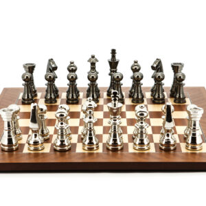 Dal Rossi Italy Chess Set Mahogany Maple Flat Board 50cm, With Metal Dark Titanium and Silver chessmen 115mm