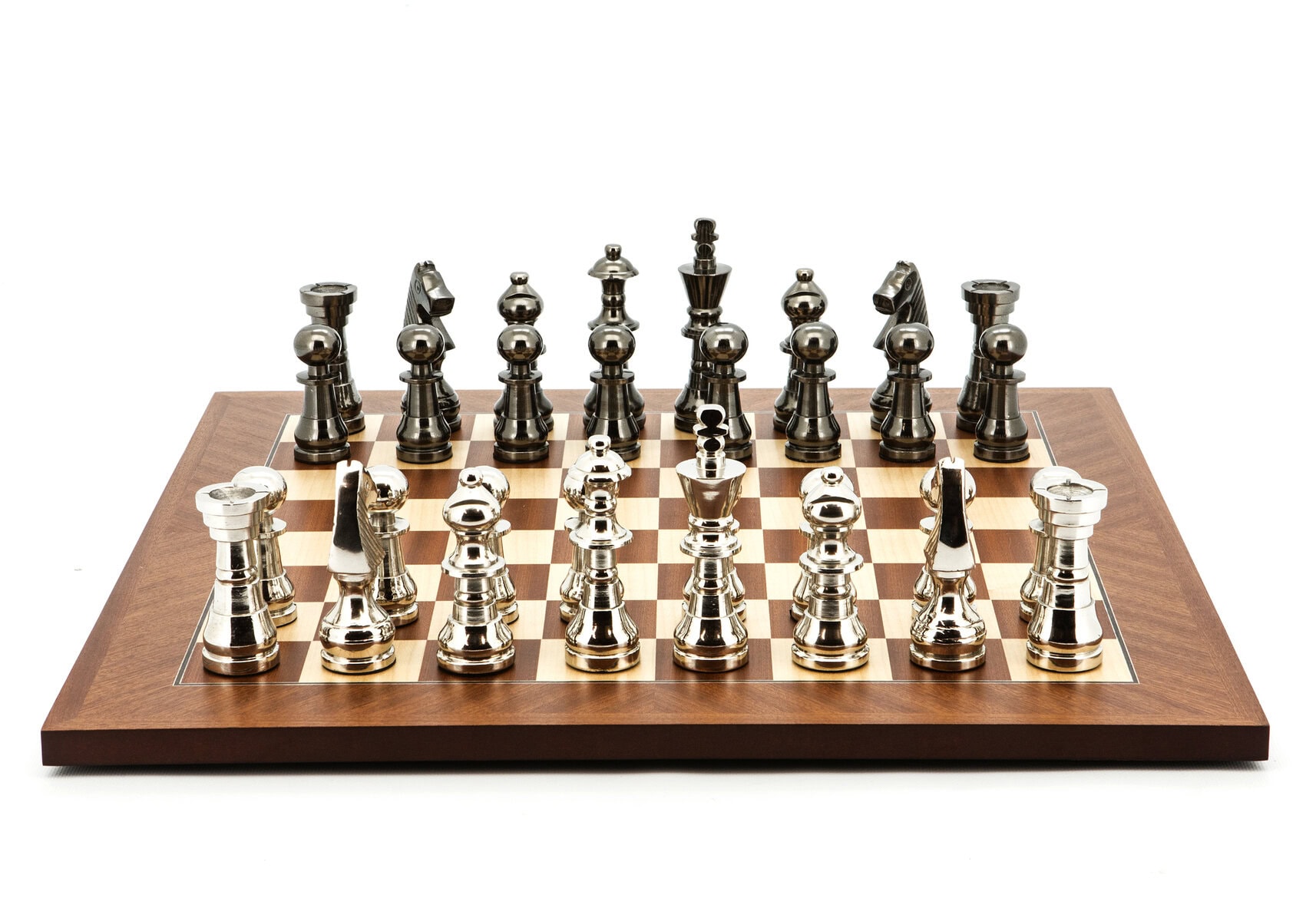 Dal Rossi Italy Chess Set Mahogany Maple Flat Board 50cm, With Metal Dark Titanium and Silver chessmen 115mm