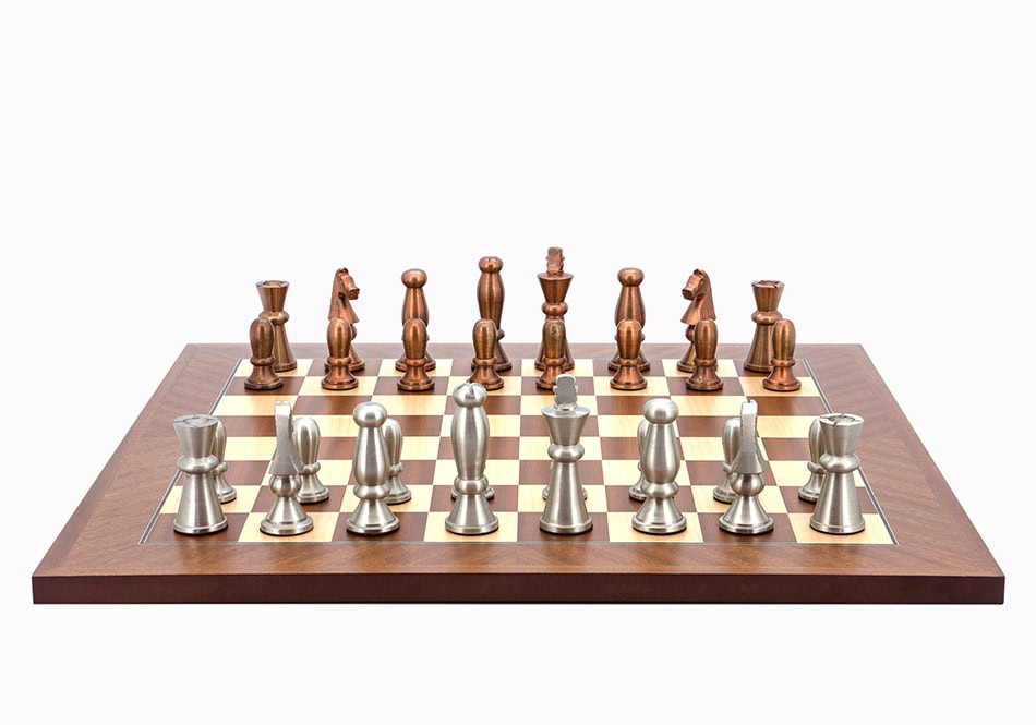 Dal Rossi Italy Chess Set Mahogany Flat Board 50cm, With Copper & Silver Weighted Metal 85mm Chess Pieces