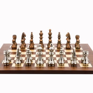 Dal Rossi Italy Chess Set Mahogany Flat Board 50cm, With Copper & Silver Weighted Metal 100mm Chess Pieces