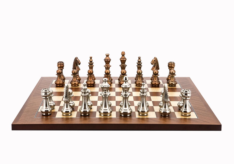 Dal Rossi Italy Chess Set Mahogany Flat Board 50cm, With Copper & Silver Weighted Metal 100mm Chess Pieces