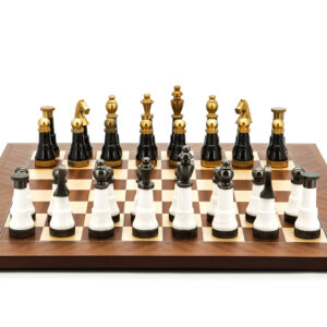Dal Rossi Italy Chess Set Mahogany Maple Flat Board 50cm, With Black and White with Gold and Gun Metal Tops and Bottoms Chessmen 110mm