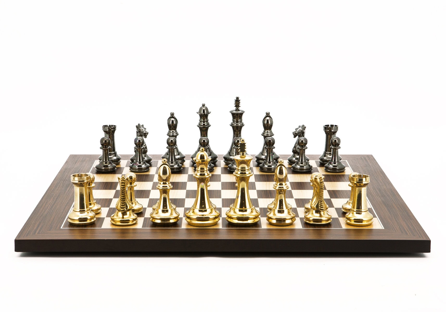Dal Rossi Italy Chess Set Palisanders Maple Flat Board 50cm, With Very Heavy Brass Staunton Gold and Silver chessmen 110mm