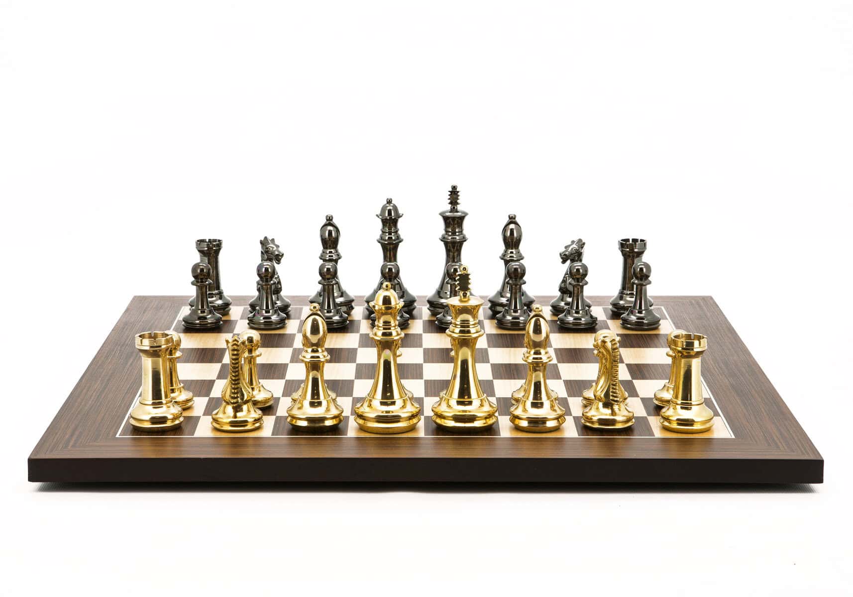 Dal Rossi Italy Chess Set  Mahogany Maple Flat Board 50cm, With Very Heavy Brass Staunton Gold and Silver chessmen 110mm