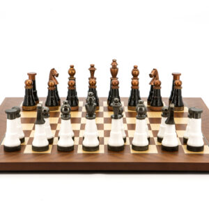 Dal Rossi Italy, Black and White with Copper and Gun Metal Gray Tops and Bottoms Chessmen 110mm on a Mahogany and Maple 50cm
