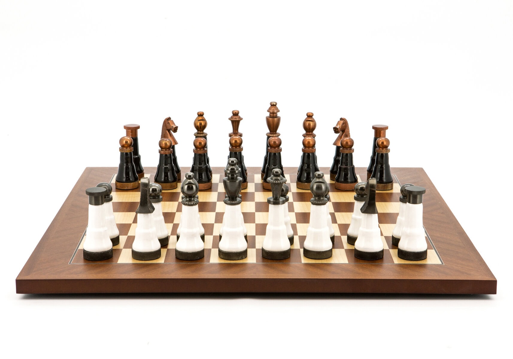 Dal Rossi Italy, Black and White with Copper and Gun Metal Gray Tops and Bottoms Chessmen 110mm on a Mahogany and Maple 50cm