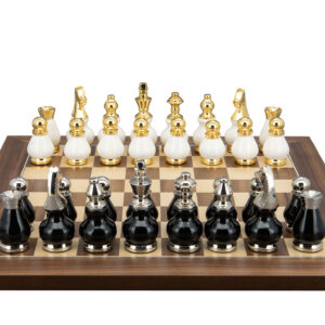 Dal Rossi Italy, Black and White with Gold and Silver Tops and Bottoms Chessmen 90mm on a Walnut Inlaid, 40cm Chess Board