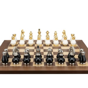 Dal Rossi Italy, Black and White with Gold and Silver Tops and Bottoms Chessmen 90mm on a Walnut Inlaid, 50cm Chess Board