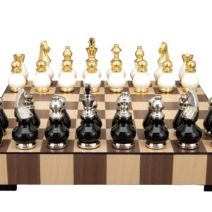Dal Rossi Italy, Black and White with Gold and Silver Tops and Bottoms Chessmen 90mm on a Chess Set with Drawer 14"