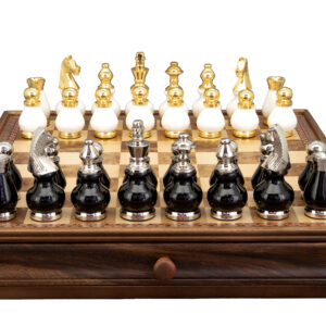 Dal Rossi Italy, Black and White with Gold and Silver Tops and Bottoms Chessmen 90mm on a Walnut Box with Drawer 15"