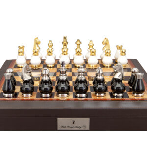 Dal Rossi Italy, Black and White with Gold and Silver Tops and Bottoms Chessmen 90mm on a Brown PU Leather Bevelled Edge chess box with compartments 18"