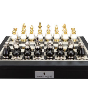 Dal Rossi Italy, Black and White with Gold and Silver Tops and Bottoms Chessmen 90mm on a Black PU Leather Bevelled Edge chess box with compartments 18"