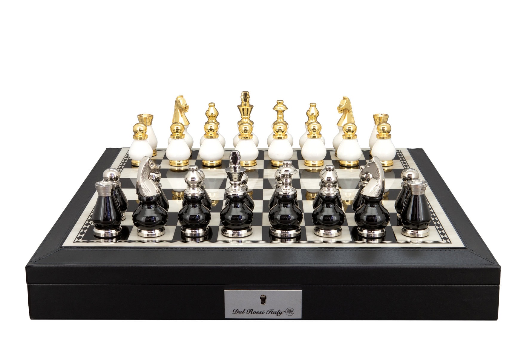 Dal Rossi Italy, Black and White with Gold and Silver Tops and Bottoms Chessmen 90mm on a Black PU Leather Bevelled Edge chess box with compartments 18"