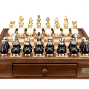Dal Rossi Italy, Black and White with Gold and Silver Tops and Bottoms Chessmen 90mm on a Walnut Chess Box with Drawers 16"