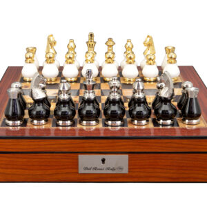 Dal Rossi Italy, Black and White with Gold and Silver Tops and Bottoms Chessmen 90mm on a Walnut Finish Shiny Chess Box with Compartments 16"