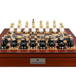 Dal Rossi Italy, Black and White with Gold and Silver Tops and Bottoms Chessmen 90mm on a Walnut Finish Shiny Chess Box with Compartments 20"