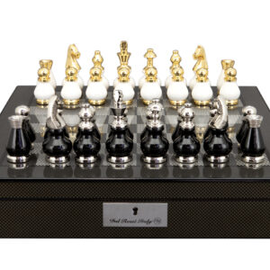 Dal Rossi Italy, Black and White with Gold and Silver Tops and Bottoms Chessmen 90mm on a Carbon Fibre Finish Shiny Chess Box with Compartments 16"