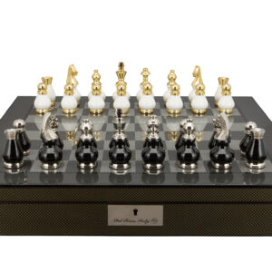 Dal Rossi Italy, Black and White with Gold and Silver Tops and Bottoms Chessmen 90mm on a Carbon Fibre Finish Shiny Chess Box with Compartments 20"