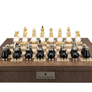 Dal Rossi Italy, Black and White with Gold and Silver Tops and Bottoms Chessmen 90mm on a Walnut Inlaid Chess Box with Compartments 20"