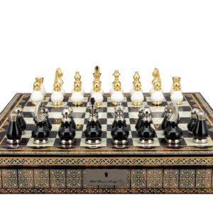Dal Rossi Italy, Black and White with Gold and Silver Tops and Bottoms Chessmen 90mm on a Mosaic Finish Shiny Chess Box with Compartments 20"