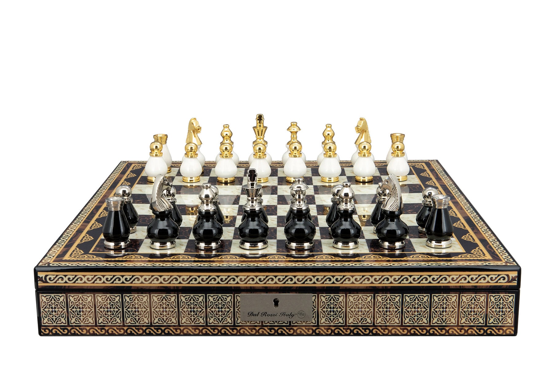 Dal Rossi Italy, Black and White with Gold and Silver Tops and Bottoms Chessmen 90mm on a Mosaic Finish Shiny Chess Box with Compartments 20"