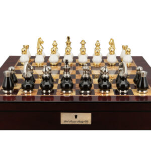 Dal Rossi Italy, Black and White with Gold and Silver Tops and Bottoms Chessmen 90mm on a Mahogany Finish Shiny Chess Box with Compartments 20"