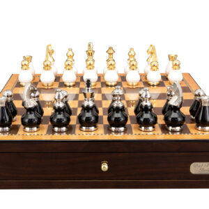 Dal Rossi Italy, Black and White with Gold and Silver Tops and Bottoms Chessmen 90mm on a Shiny Walnut Chess Box with two Drawers 18"
