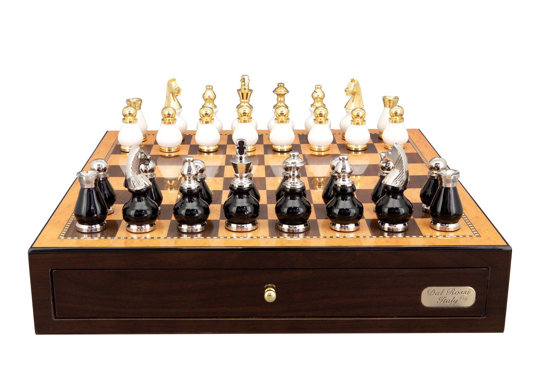 Dal Rossi Italy, Black and White with Gold and Silver Tops and Bottoms Chessmen 90mm  on a Shiny Walnut Chess Box with two Drawers 18"