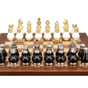 Dal Rossi Italy, Black and White with Gold and Silver Tops and Bottoms Chessmen 90mm on a Mahogany / Maple, 40cm Chess Board