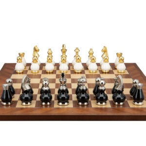 Dal Rossi Italy, Black and White with Gold and Silver Tops and Bottoms Chessmen 90mm on a Mahogany / Maple, 50cm Chess Board