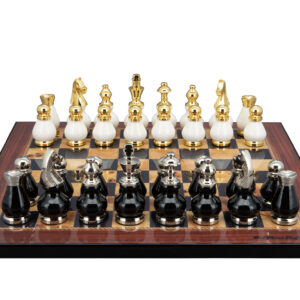Dal Rossi Italy, Black and White with Gold and Silver Tops and Bottoms Chessmen 90mm on a Walnut Shiny Finish, 40cm Chess Board