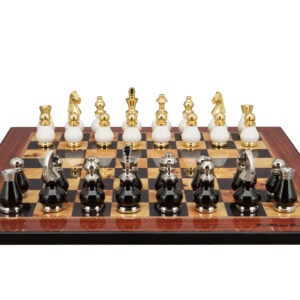 Dal Rossi Italy, Black and White with Gold and Silver Tops and Bottoms Chessmen 90mm on a Walnut Shiny Finish, 50cm Chess Board