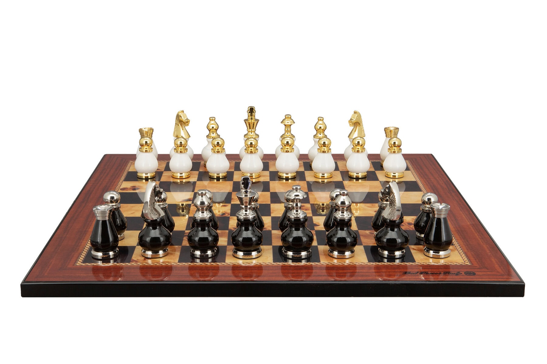 Dal Rossi Italy, Black and White with Gold and Silver Tops and Bottoms Chessmen 90mm on a Walnut Shiny Finish, 50cm Chess Board