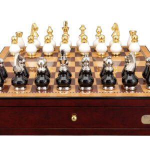 Dal Rossi Italy, Black and White with Gold and Silver Tops and Bottoms Chessmen 90mm  on a Shiny Mahogany Chess Box with two Drawers 18"