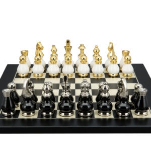 Dal Rossi Italy, Black and White with Gold and Silver Tops and Bottoms Chessmen 90mm on a Black / Erable, 40cm Chess Board