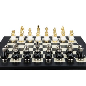Dal Rossi Italy, Black and White with Gold and Silver Tops and Bottoms Chessmen 90mm on a Black / Erable, 50cm Chess Board