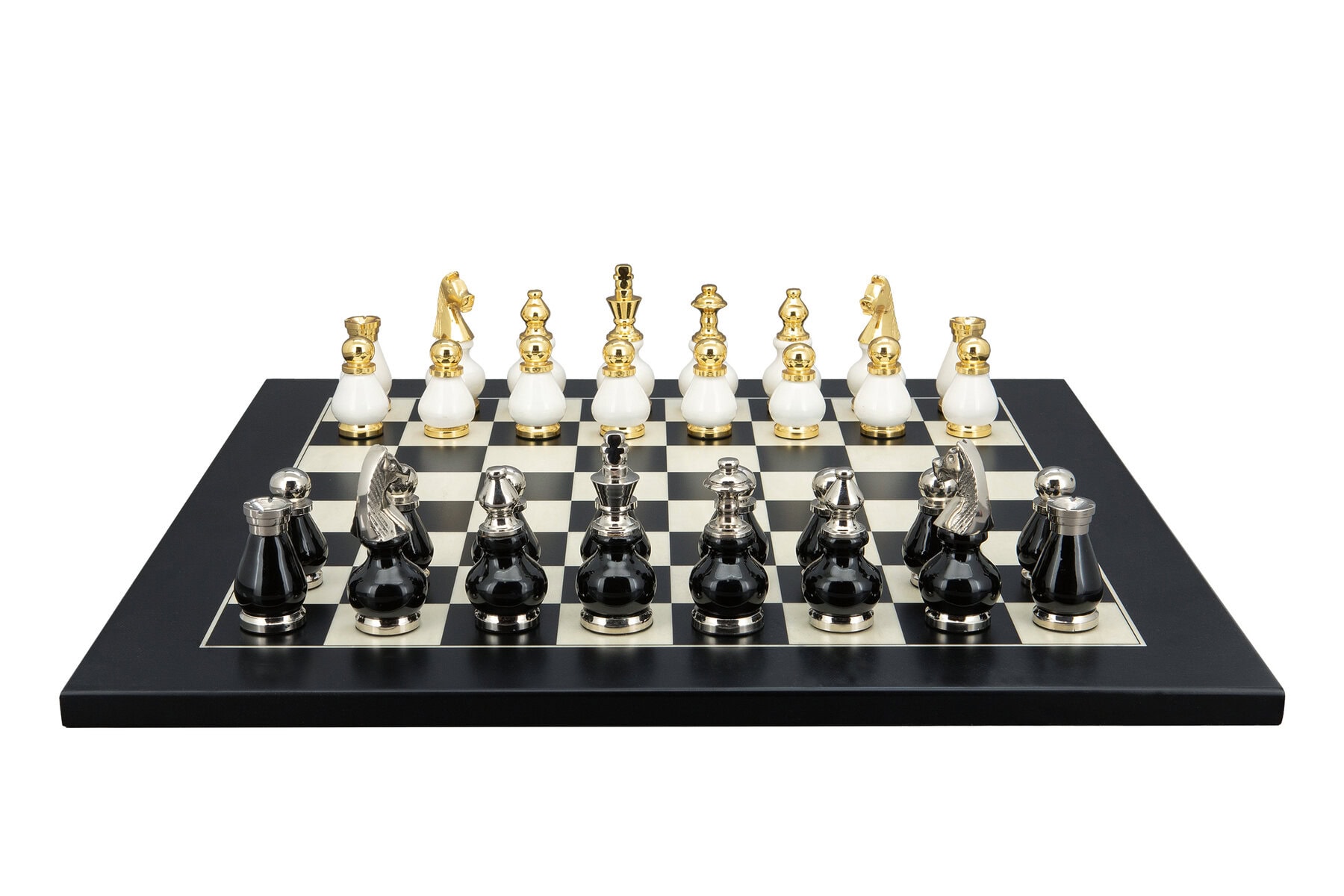 Dal Rossi Italy, Black and White with Gold and Silver Tops and Bottoms Chessmen 90mm on a Black / Erable, 50cm Chess Board