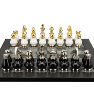 Dal Rossi Italy, Black and White with Gold and Silver Tops and Bottoms Chessmen 90mm on a Carbon Fibre Shiny Finish, 40cm Chess Board