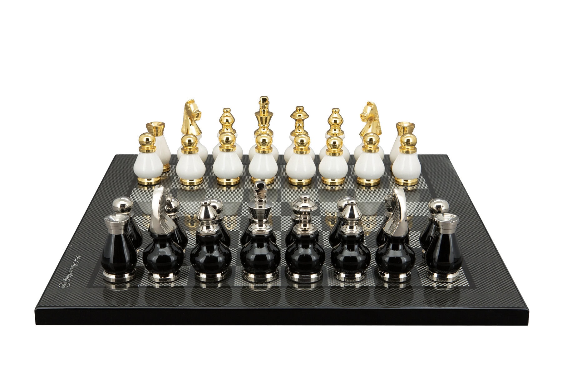 Dal Rossi Italy, Black and White with Gold and Silver Tops and Bottoms Chessmen 90mm on a Carbon Fibre Shiny Finish, 40cm Chess Board