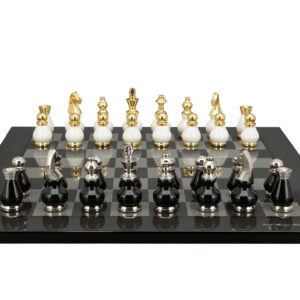 Dal Rossi Italy, Black and White with Gold and Silver Tops and Bottoms Chessmen 90mm on a Carbon Fibre Shiny Finish, 50cm Chess Board