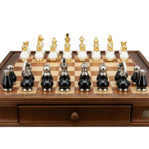 Dal Rossi Italy, Black and White with Gold and Silver Tops and Bottoms Chessmen 90mm on a Walnut Chess Box with Drawers 20"